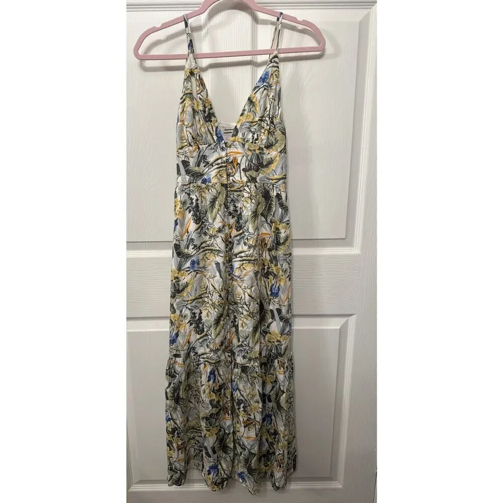 Abercrombie & Fitch Plunge Linen Blend Maxi Dress in Tropical Print, XS
